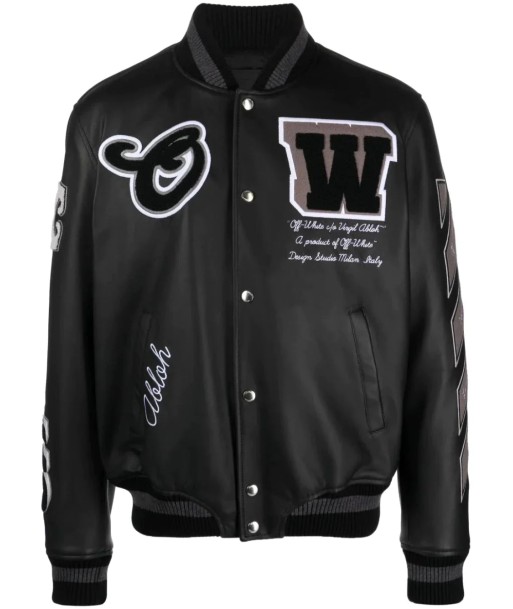 Logo Embroidered Leather Varsity Jacket Faites des économies