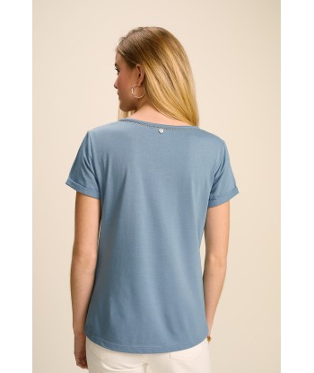 MYSTY - T-shirt bleu chambray coton bio avec galon broderie les ctes