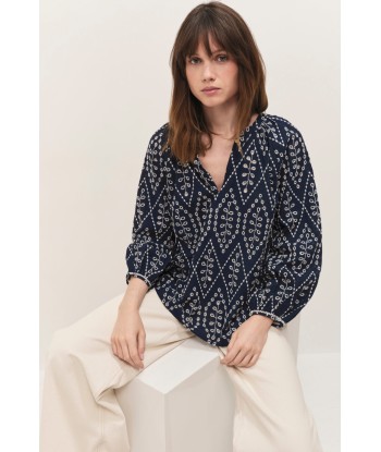 COLOMBE - Blouse marine broderies all over en linge