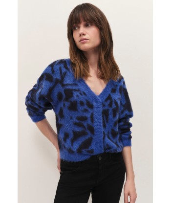 TAMAR - Cardigan saphir blue tricot à motif arabesques florales réversible devant/dos paiement sécurisé