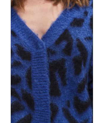 TAMAR - Cardigan saphir blue tricot à motif arabesques florales réversible devant/dos paiement sécurisé