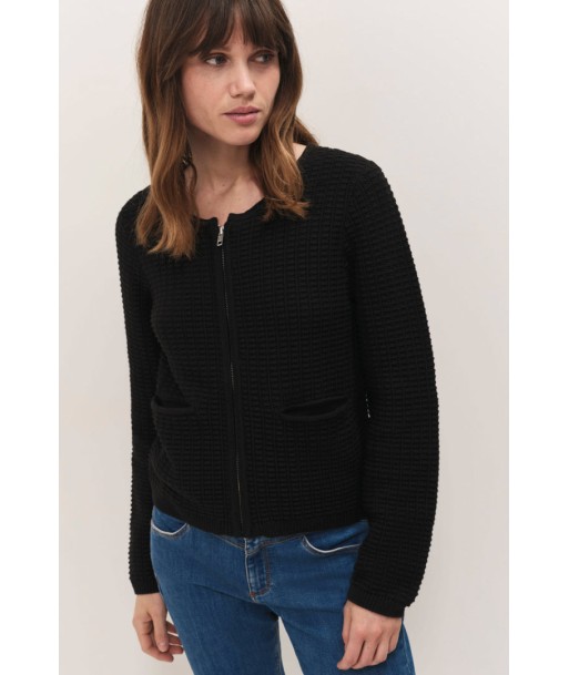 TINOS  - Cardigan zippé noir tricot fantaisie de France