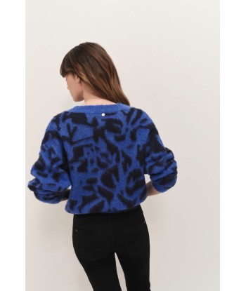 TAMAR - Cardigan saphir blue tricot à motif arabesques florales réversible devant/dos paiement sécurisé