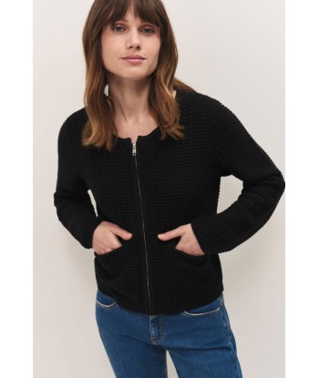 TINOS  - Cardigan zippé noir tricot fantaisie de France