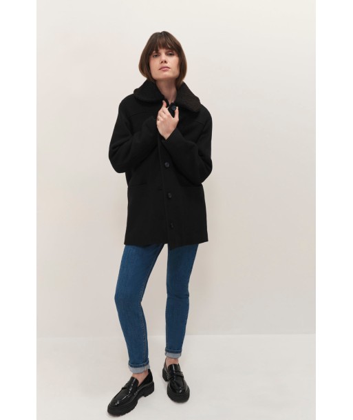 DORA - Manteau mi-long noir col amovible sherpa bouclette Economisez 