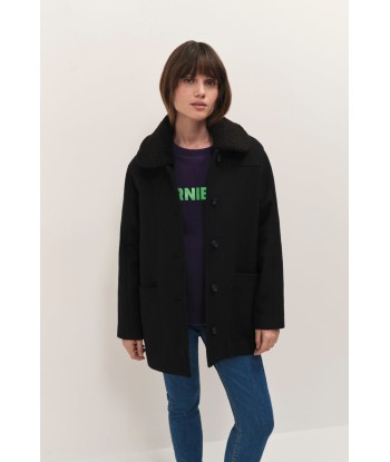 DORA - Manteau mi-long noir col amovible sherpa bouclette Economisez 