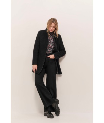 DOFFEN - Manteau droit noir en laine bouillie destockage