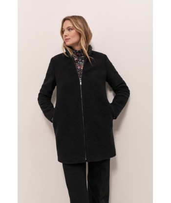 DOFFEN - Manteau droit noir en laine bouillie destockage