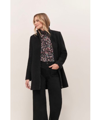 DOFFEN - Manteau droit noir en laine bouillie destockage