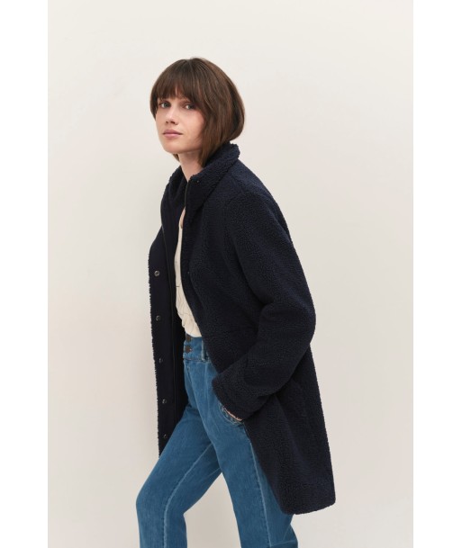 DIANA - Manteau mi-long marine en sherpa bouclette soldes