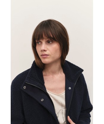 DIANA - Manteau mi-long marine en sherpa bouclette soldes